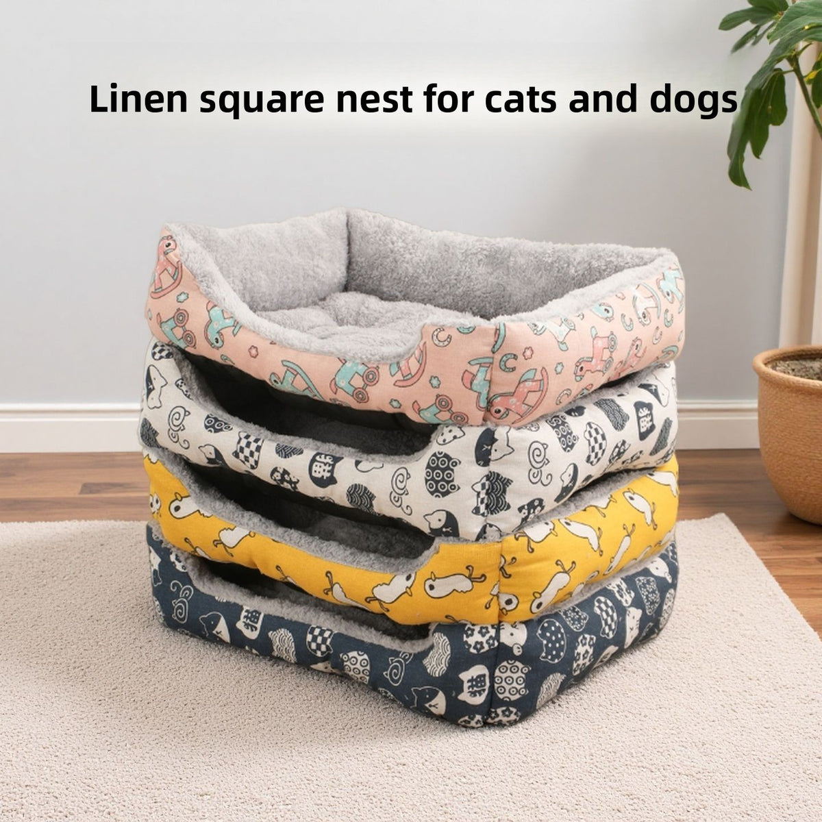 Cotton and linen pet bed mat with blue lucky cat print, view 1