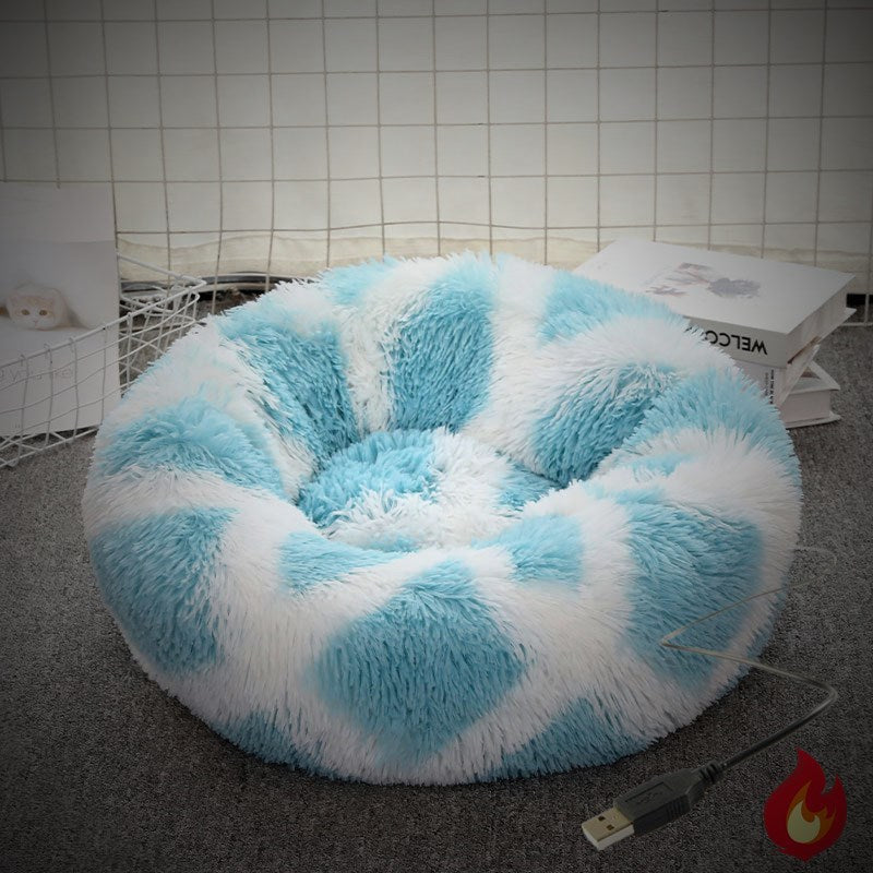 USB heated round pet bed in grey plush