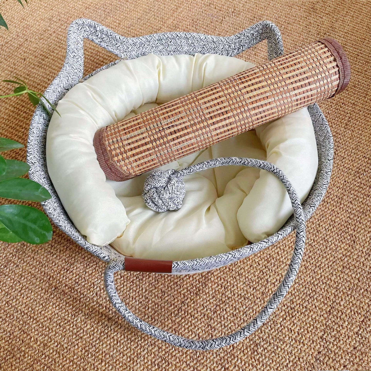Small woven rattan cat nest in macaron blue with ball, view 42
