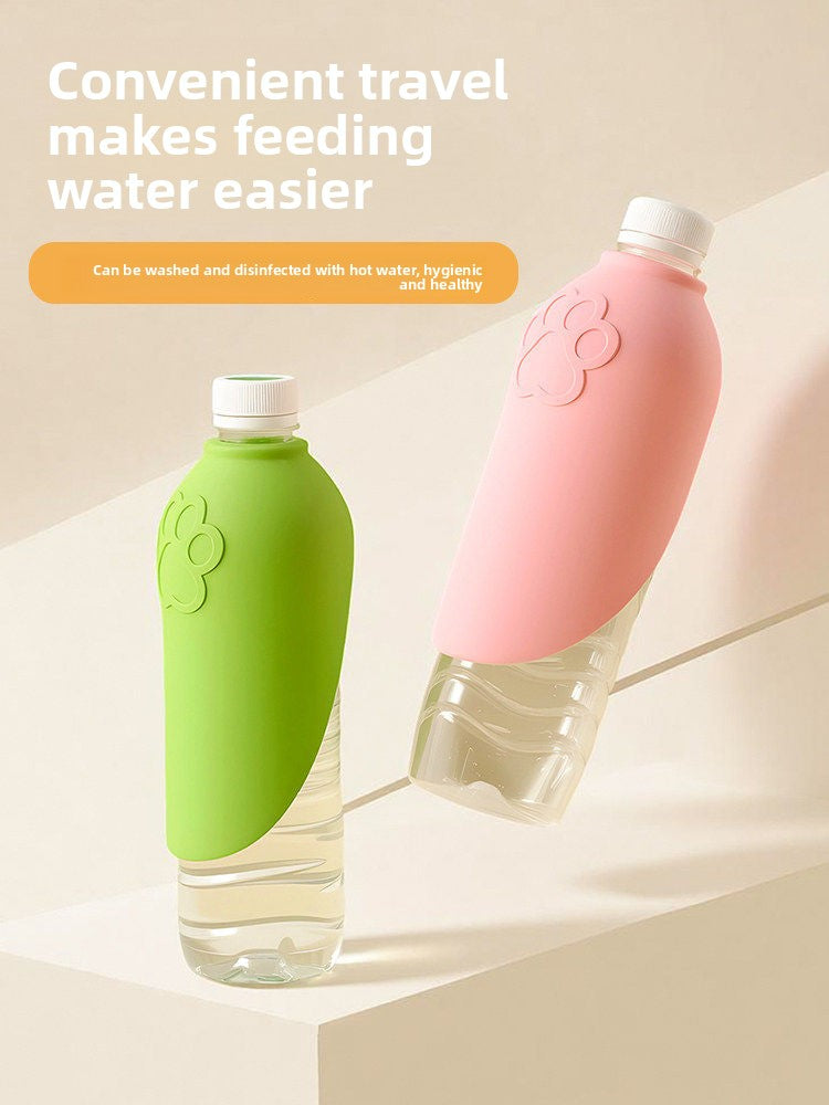 Silicone dog water bottle with foldable U-shaped lid, showing size and shape