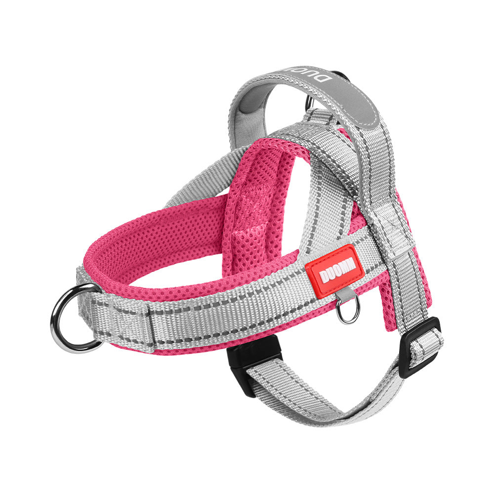 Reflective no pull saddle harness in red and blue on a dog