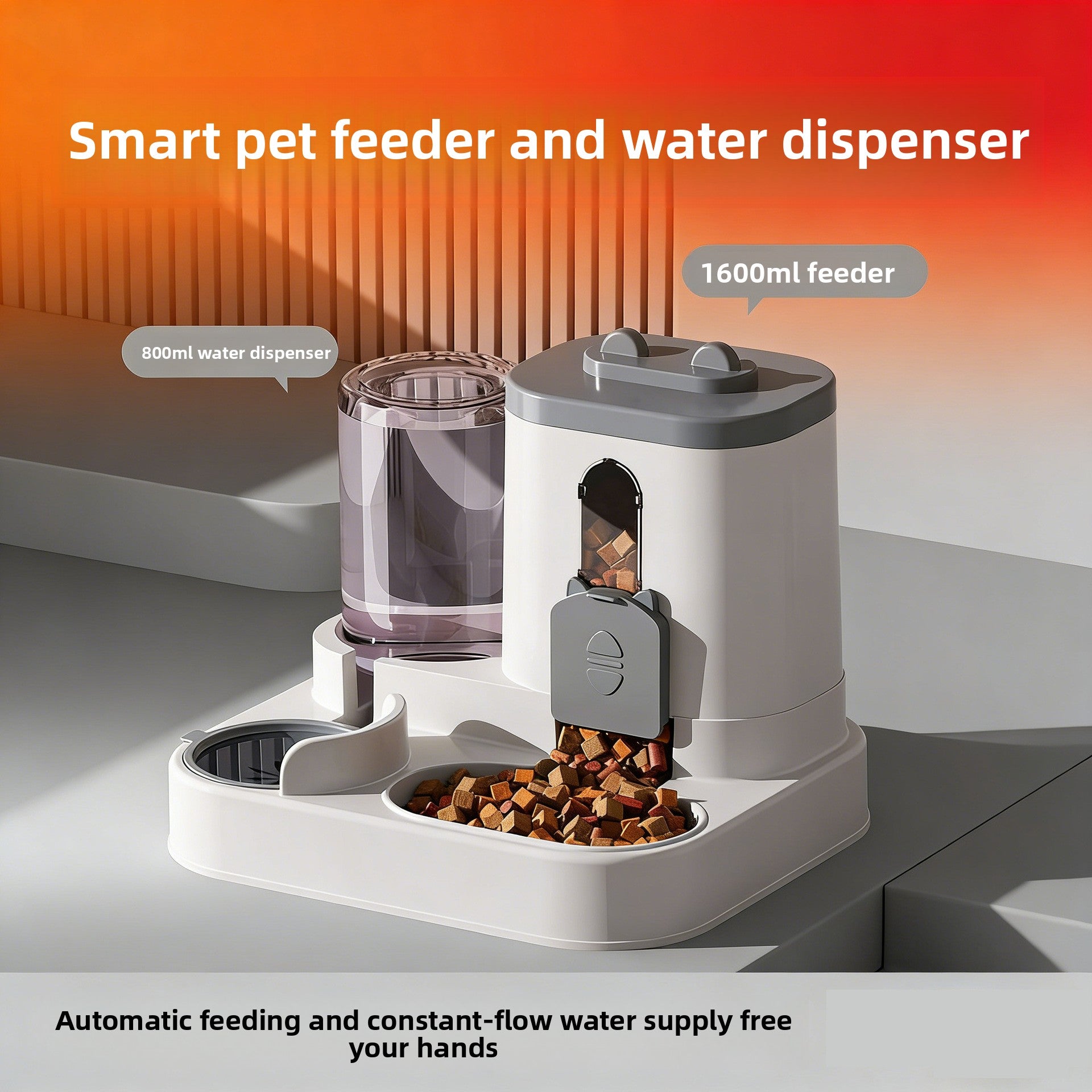 Automatic Pet Food and Water Dispenser with Gravity Feed, 2.3L Food and 1L Water Tank