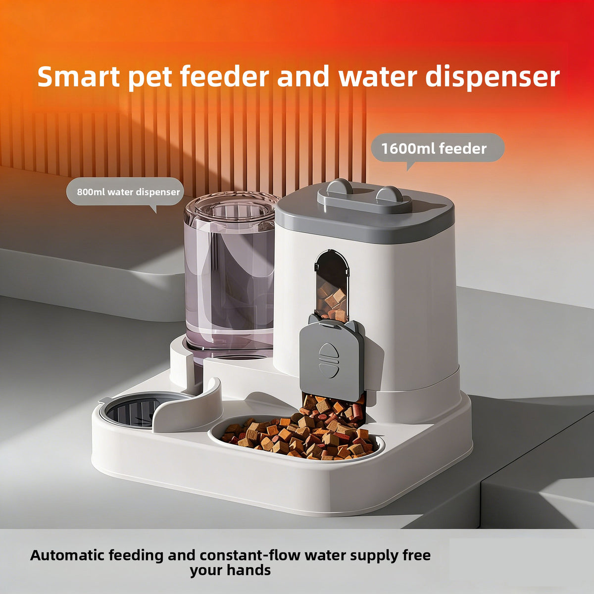 Automatic Pet Food and Water Dispenser with Gravity Feed, 2.3L Food and 1L Water Tank