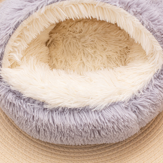 Round shell plush pet nest bed with semi-enclosed hood for cats