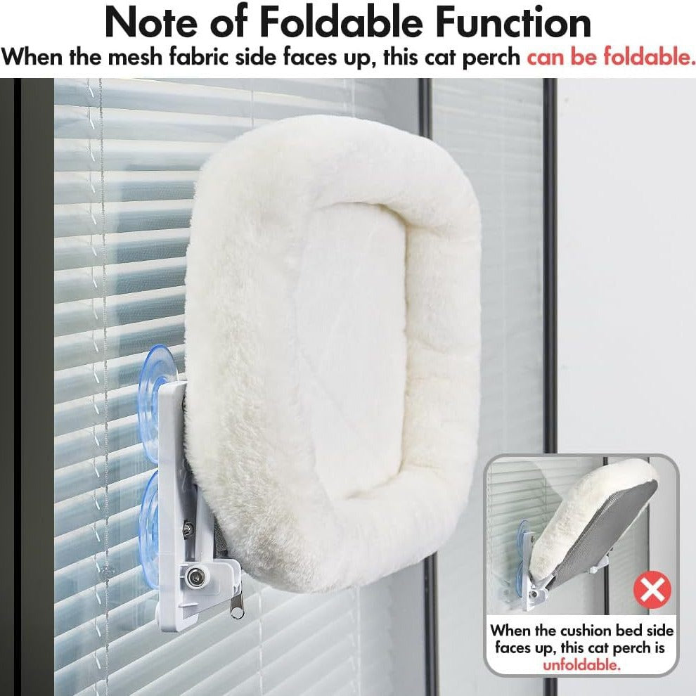 Suction cup window cat bed with plush cushion, close-up detail view