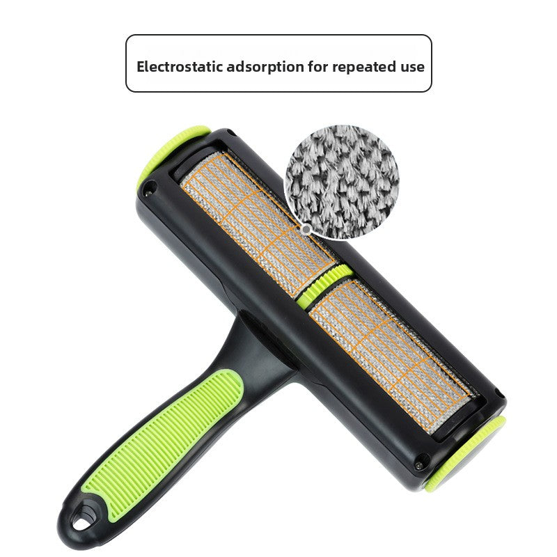 Pet hair remover cleaning dog hair from a car seat