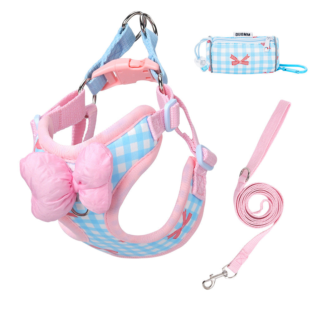 Plaid dog harness and lead with bow, 4 sizes available