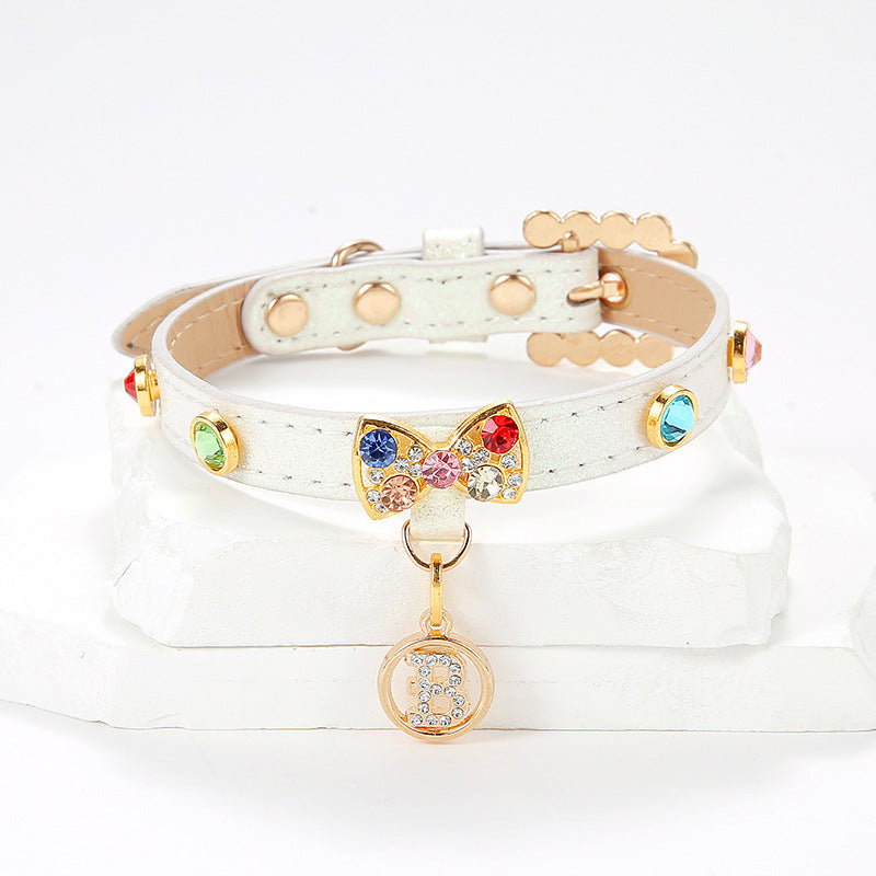 White PU cat collar with sparkly rhinestone bow, product image 9