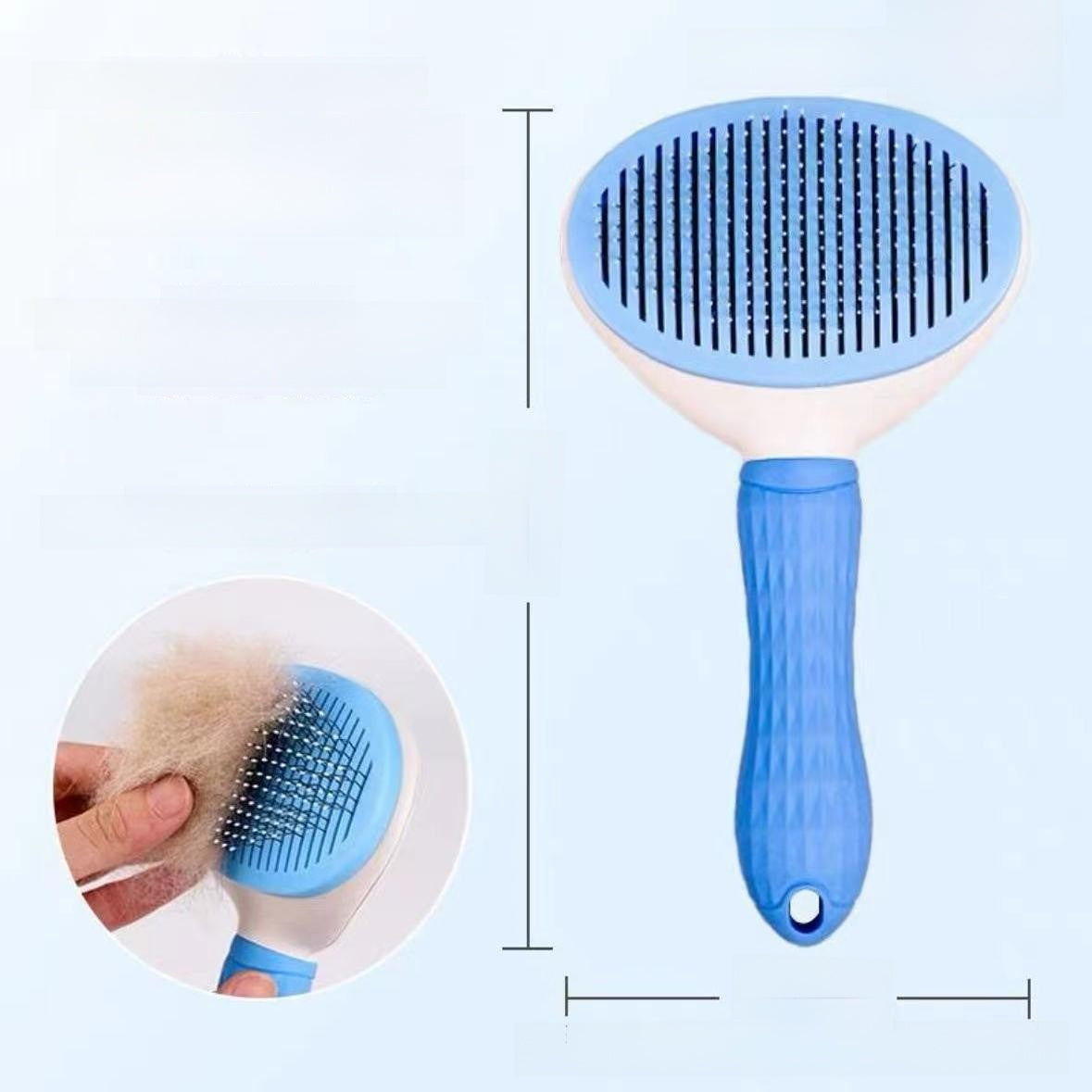 Light blue deshedding comb lifting fur from a cat
