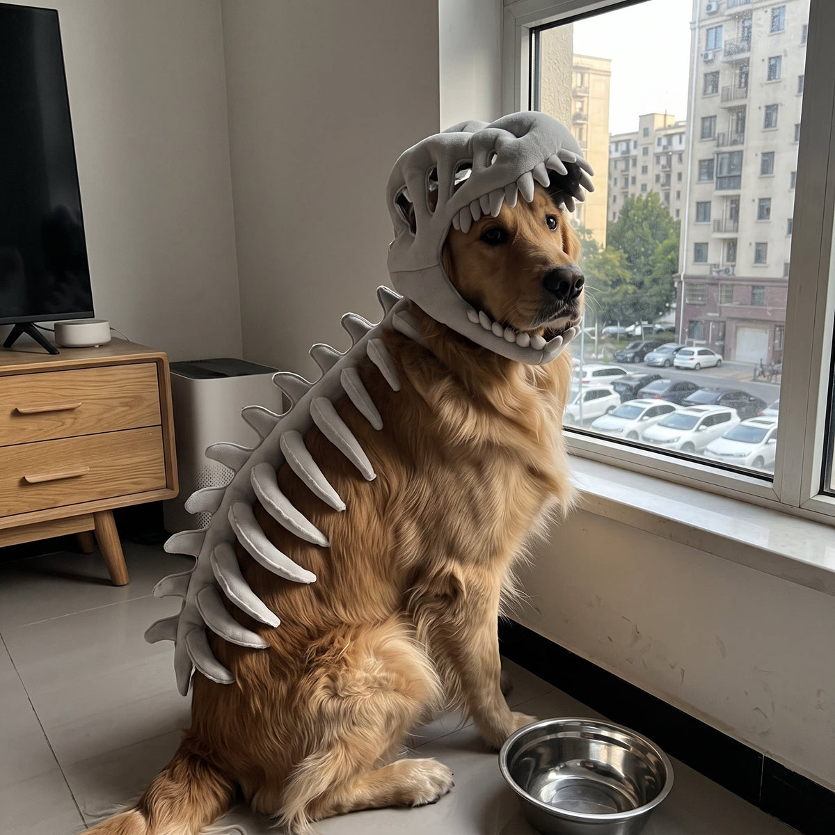 Dinosaur skeleton dog costume with headpiece, in Black and White, image 6
