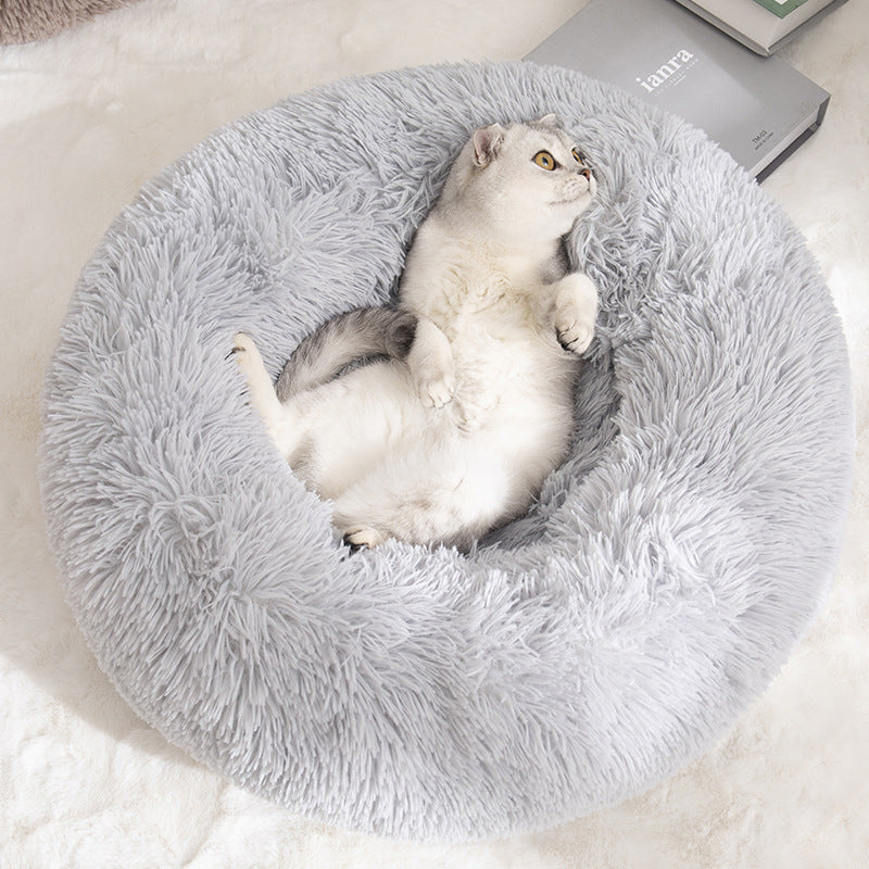 Light brown washable plush round pet bed with anti-slip base
