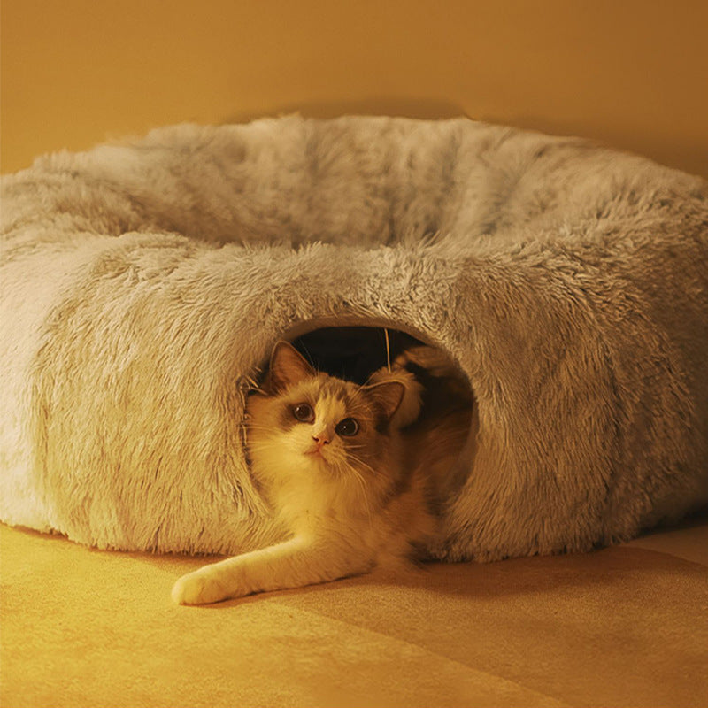 Grey foldable long plush round cat tunnel bed, view 2