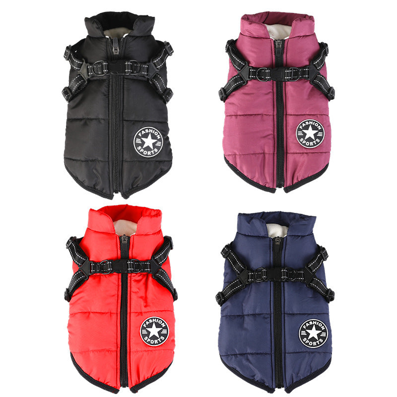 Padded cotton dog jacket with built-in lead vest in Orange, showing size and shape