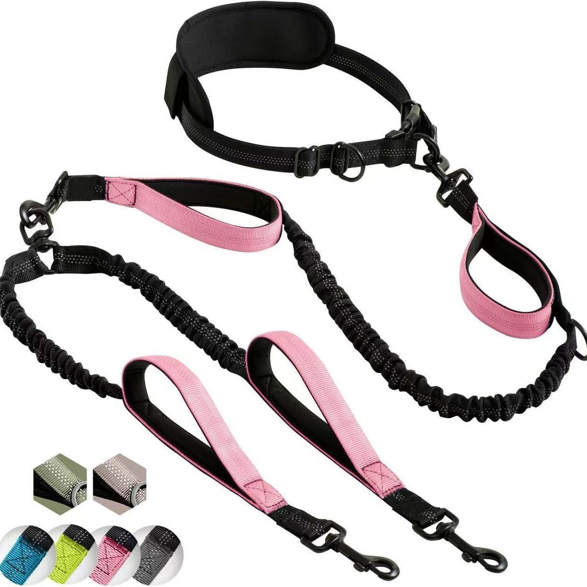 Hands-free double dog lead with bungee buffer in 10 colour options