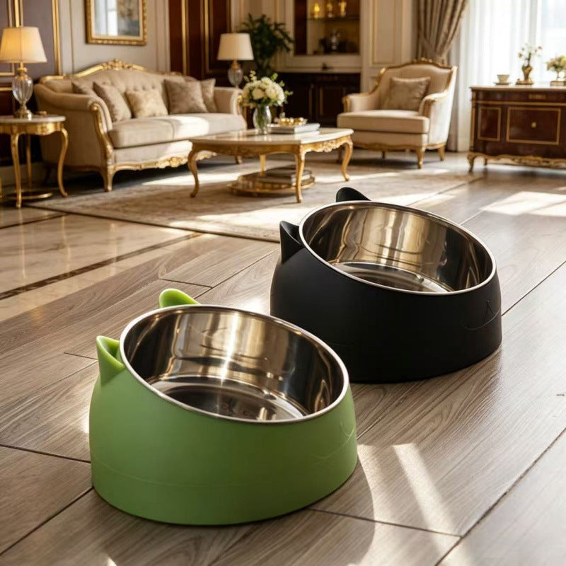 Stainless Steel Pet Food Bowl with Slanted Opening and Non-Slip Silicone Base, 100ml
