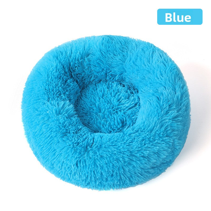 Plush round padded dog and cat bed in Blue
