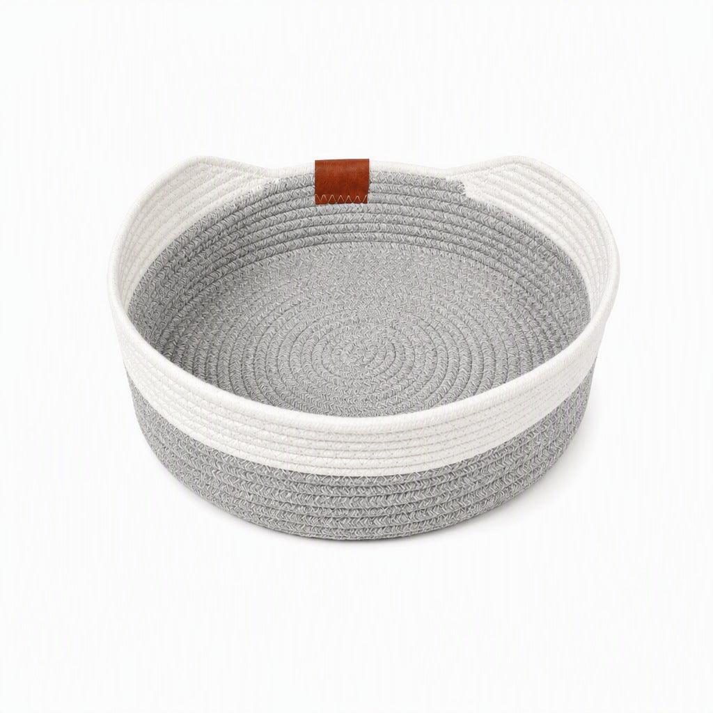 Round woven cotton rope cat bed and scratcher in beige and white, view 9
