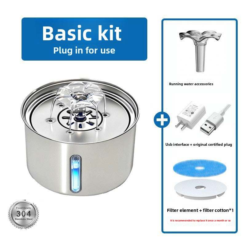 Pet water fountain with blue replacement filter and cotton