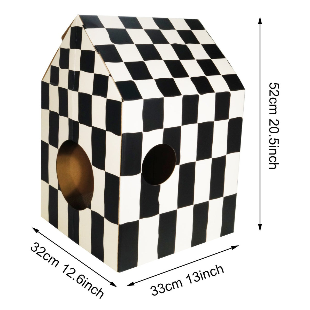 Corrugated cardboard cat nest house with checkerboard print design, view 4