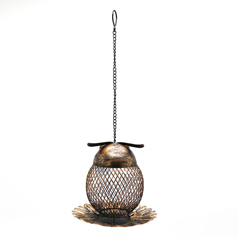 Bronze metal owl shaped hanging bird feeder for gardens, view 4