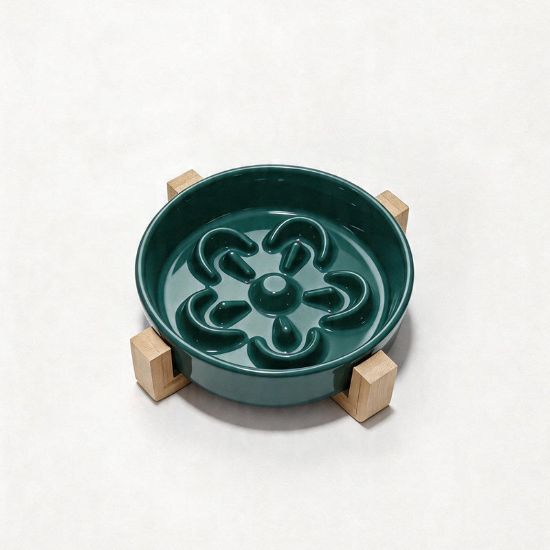 Flower-Shaped Ceramic Slow Feeder Pet Bowl with Wooden Stand for Cats and Dogs