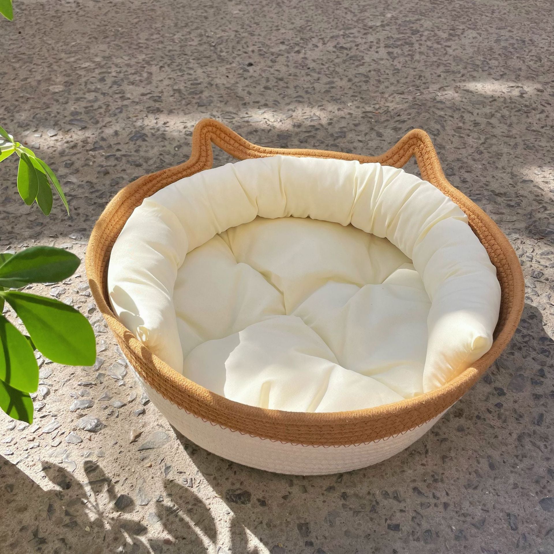 Woven rattan cat bed with cat ears and toy ball, view 64