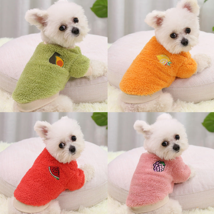 Small dog in an avocado print cotton velvet top