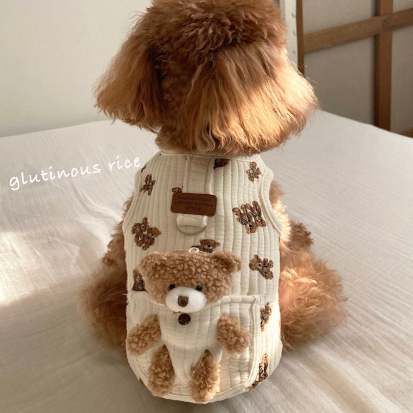 Cotton pet vest with 3D teddy bear pocket in Printed, side view