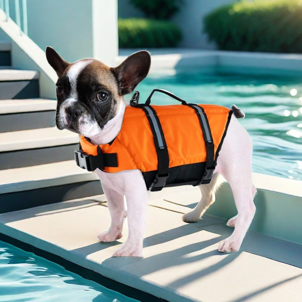 Dog life jacket swim vest with adjustable straps in floral print, view 3