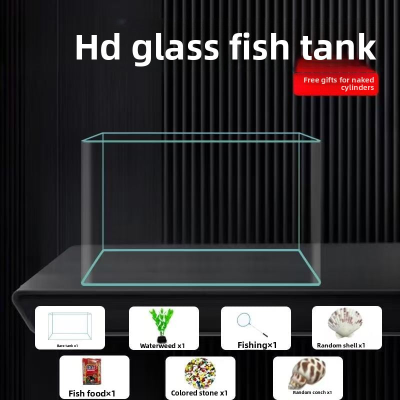 Curved glass goldfish tank on a desk with plants, view 17