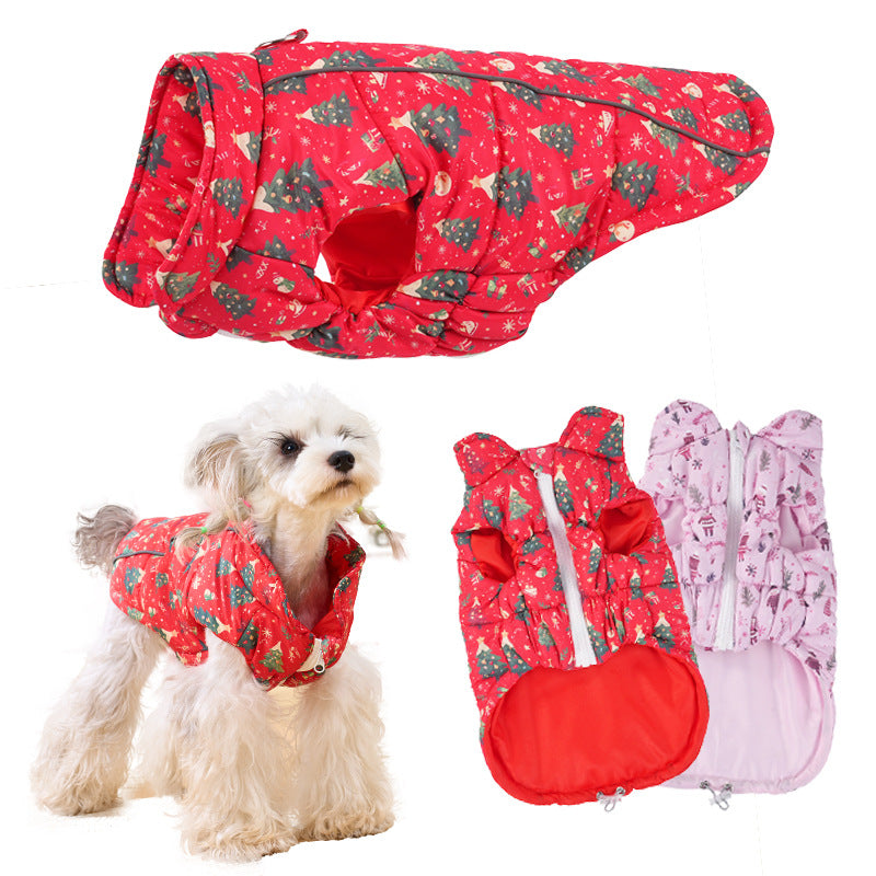 Christmas padded dog vest with reflective trim in Pink, close-up detail