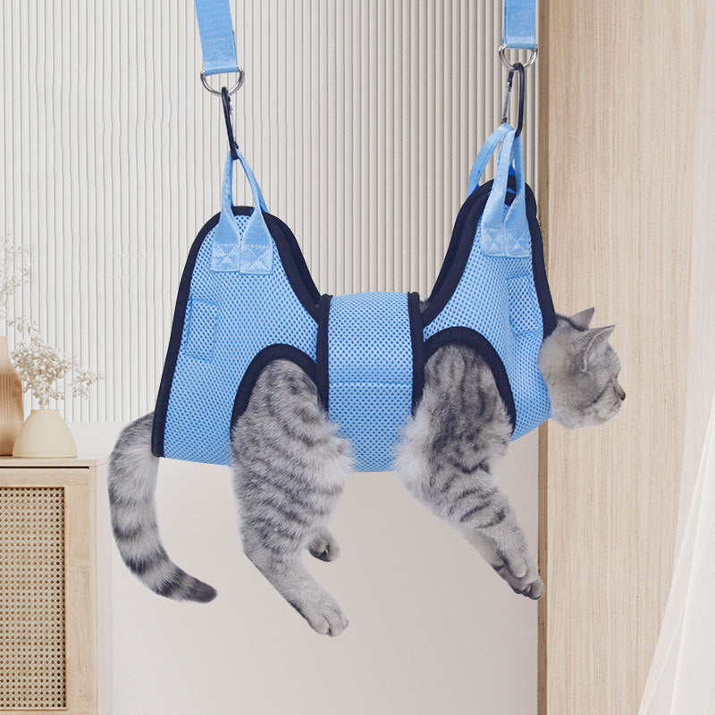 Blue pet grooming hammock restraint bag for dogs and cats, image 1