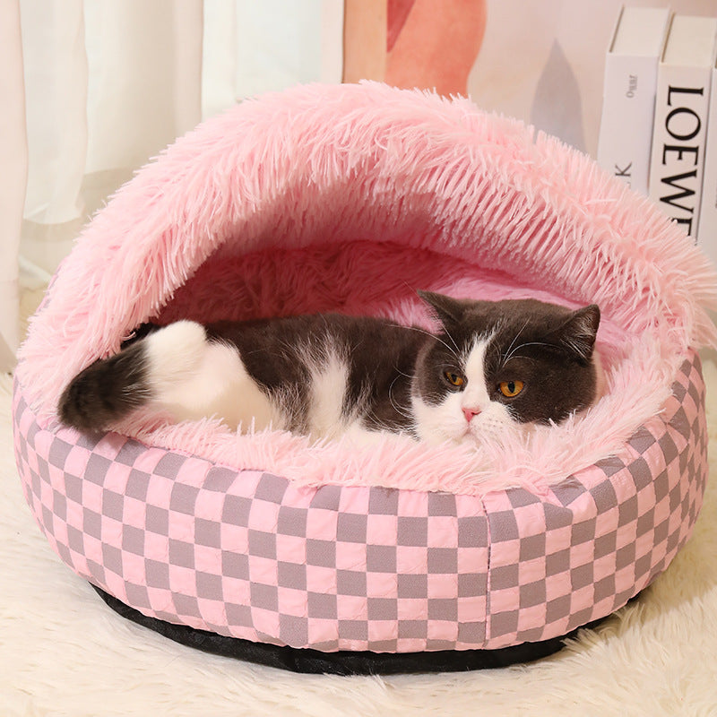 Plaid shell shaped semi enclosed cat bed with plush lining, view 9