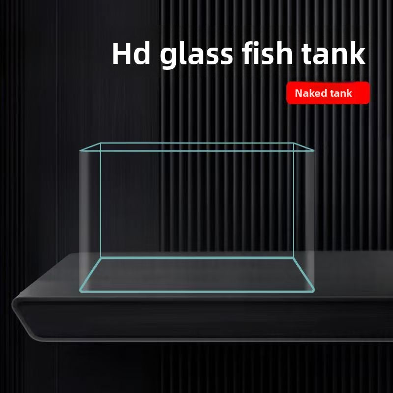 Curved glass goldfish tank on a desk with plants, view 9