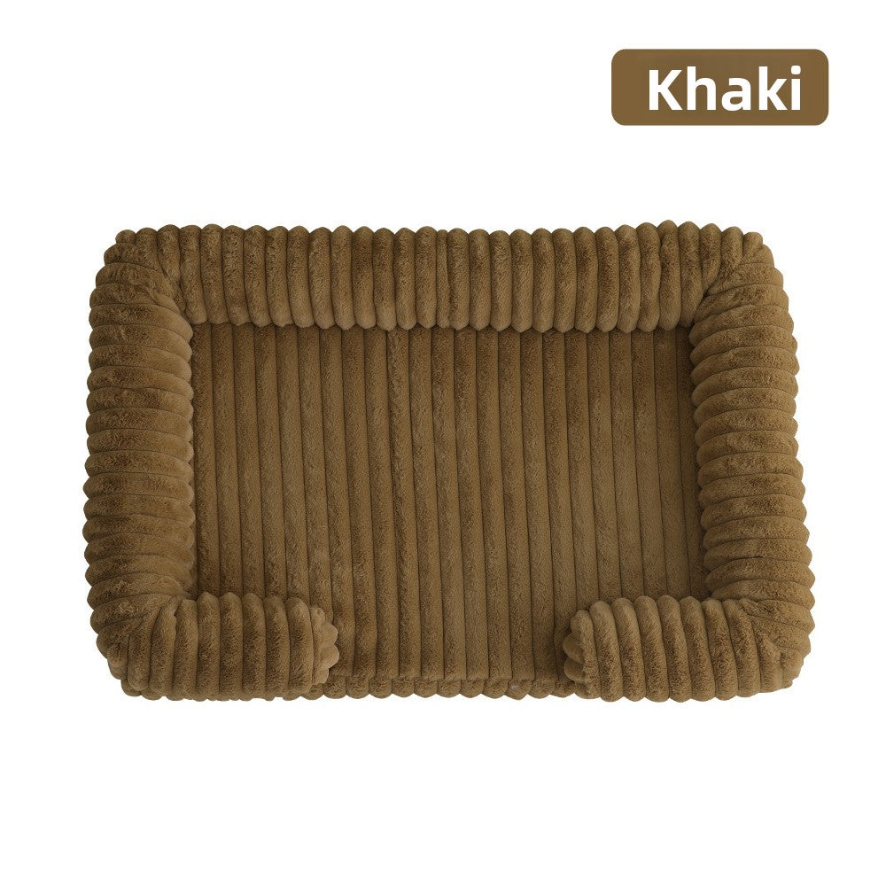Cat sleeping in a beige warm pet bed in medium size