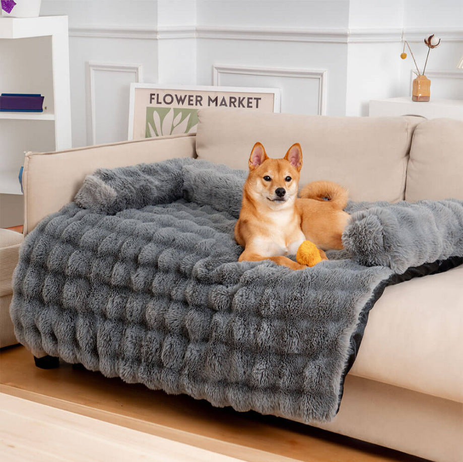 Dark grey corner long plush pet sofa bed, view 1