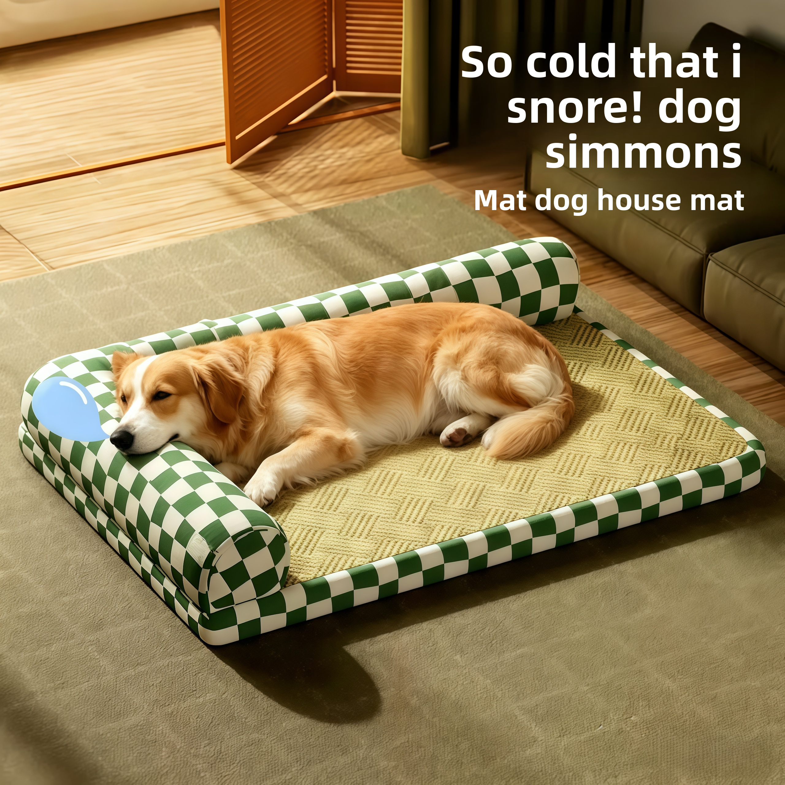 Double-sided cooling pet mat with hemp cover in chessboard green
