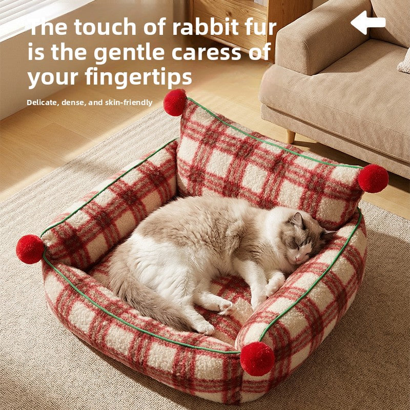 Red plaid plush sofa nest bed for cats and small dogs, photo 2 of 8