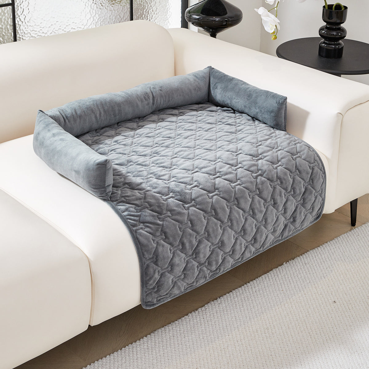 Large plush dog bed mat with pillow in Dark Grey, size 75 x 75cm