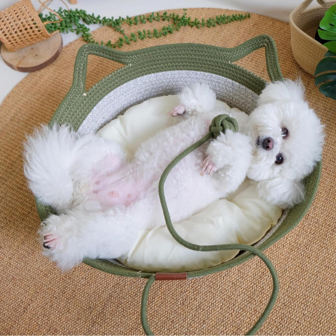 Rattan woven cat nest with ball toy and cream pad, view 35