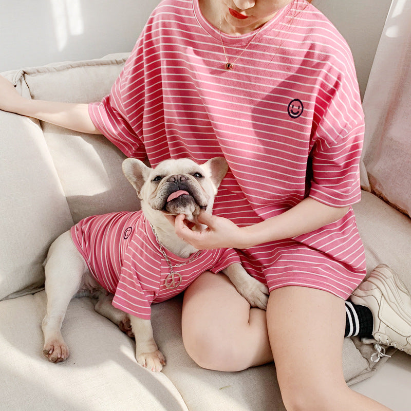 Striped cotton pet T-shirts in blue, white, yellow and pink