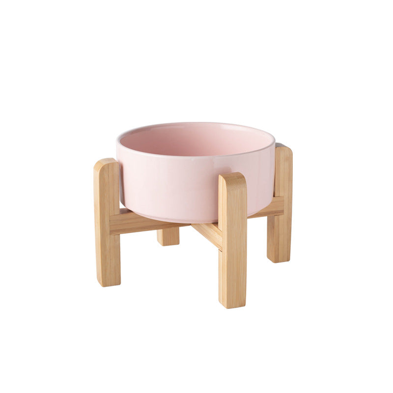 Elevated Ceramic Pet Feeding Bowl with Bamboo Stand, Anti-Spill Base in Five Colours