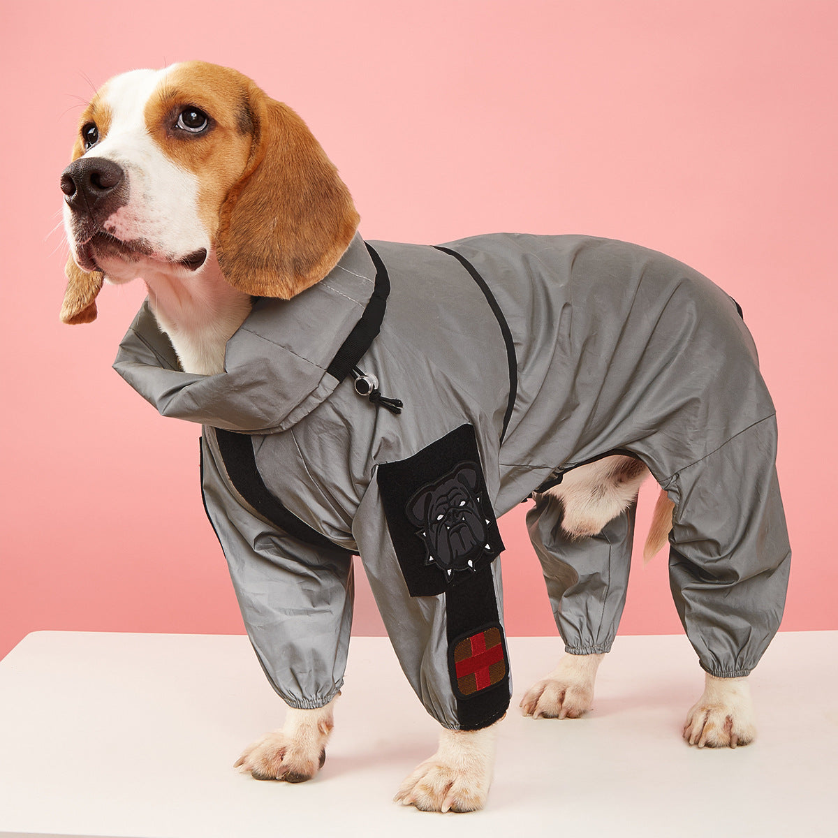 Reflective hooded dog raincoat in silver fabric in Red Fleece Lined, close-up detail