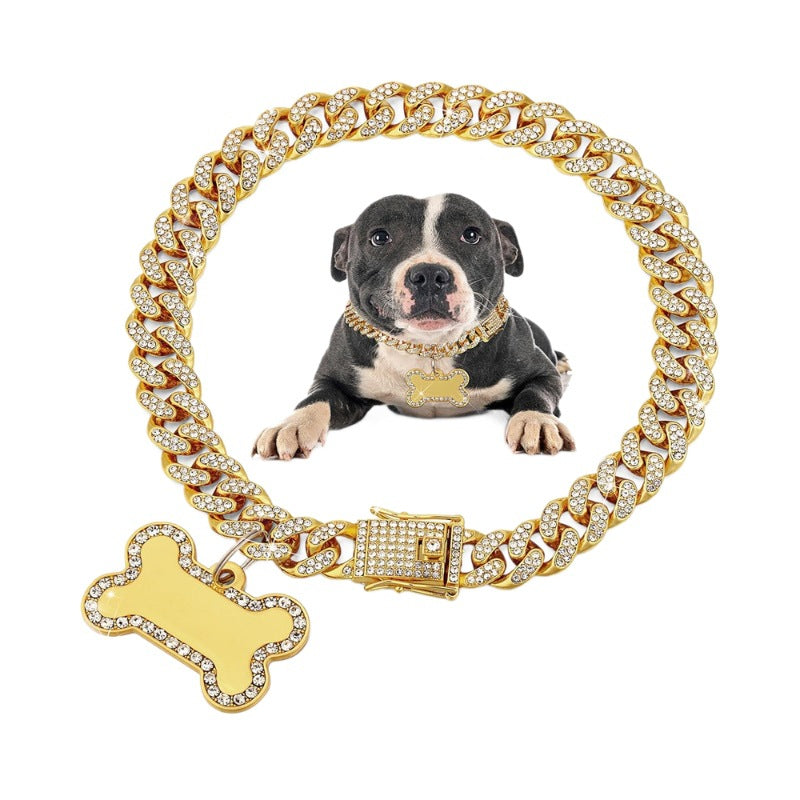 Rhinestone chain pet collar with bone pendant, main product photo