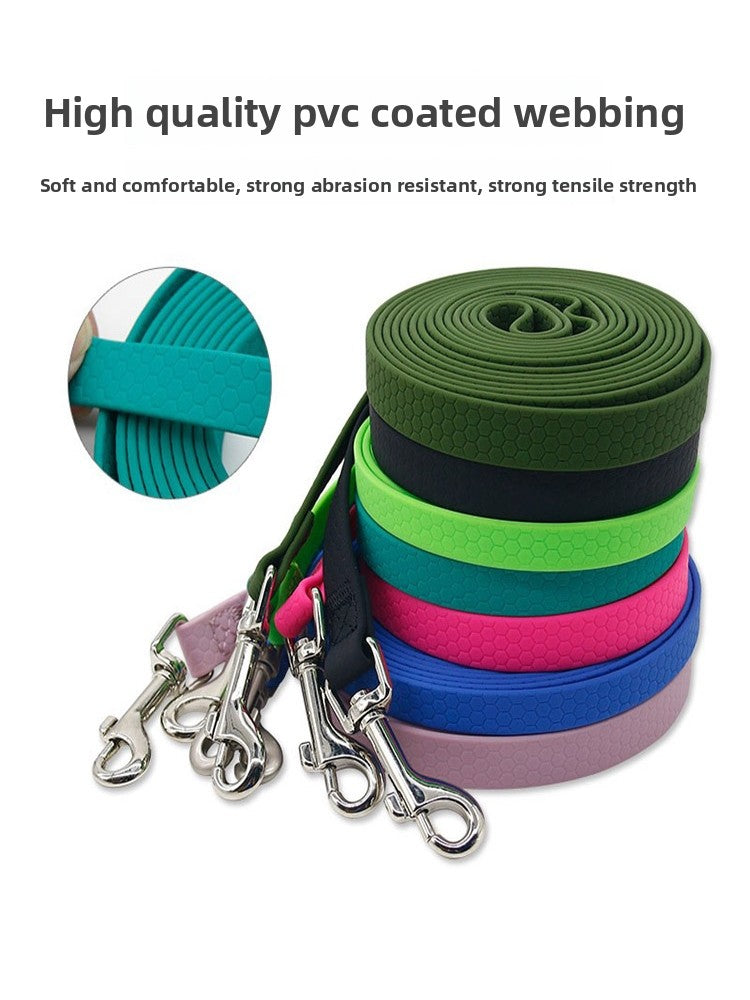 Long line dog leads with reflective stitching in bright colours