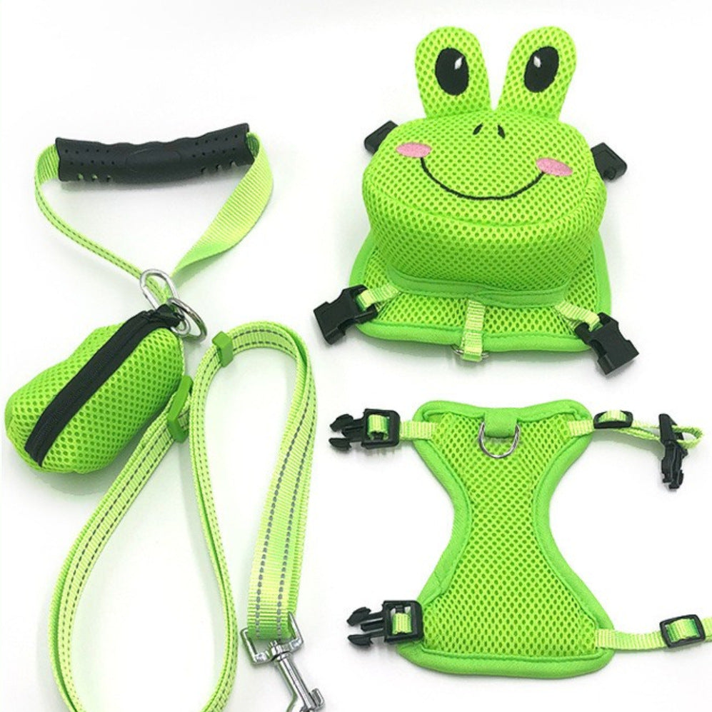 Cartoon frog and duck dog backpack, available from Pet Royale UK