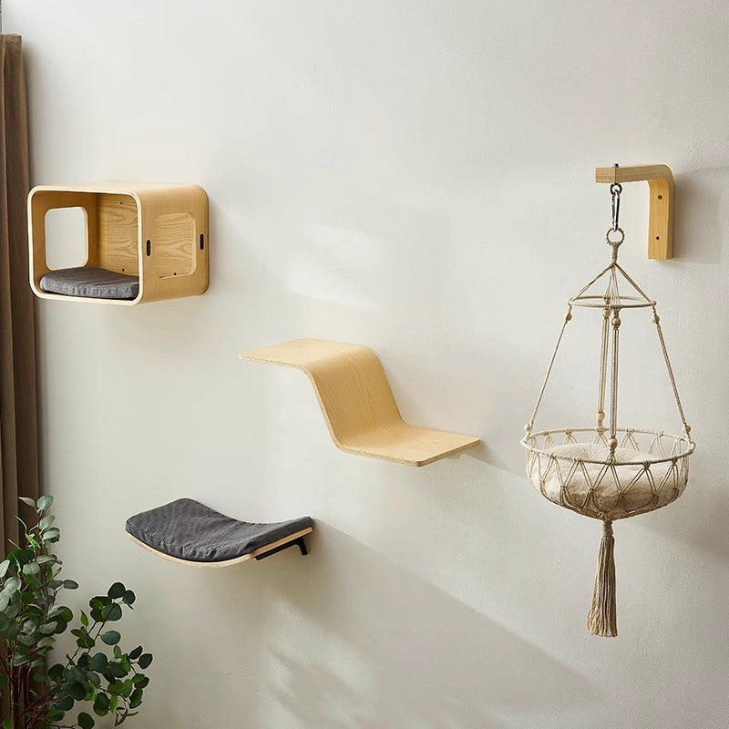 Solid wood wall-mounted cat furniture, shown in 12 colours and styles