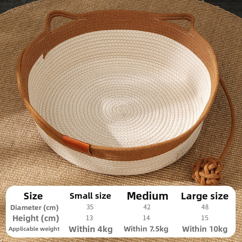 Hand woven round cotton and linen pet nest in grey, view 14