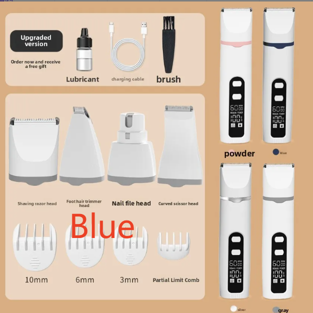 4-in-1 Pet Clipper and Nail Grinder Kit with 3 Blade Heads, USB