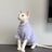 Sphynx cat wearing a warm purple two leg jumper